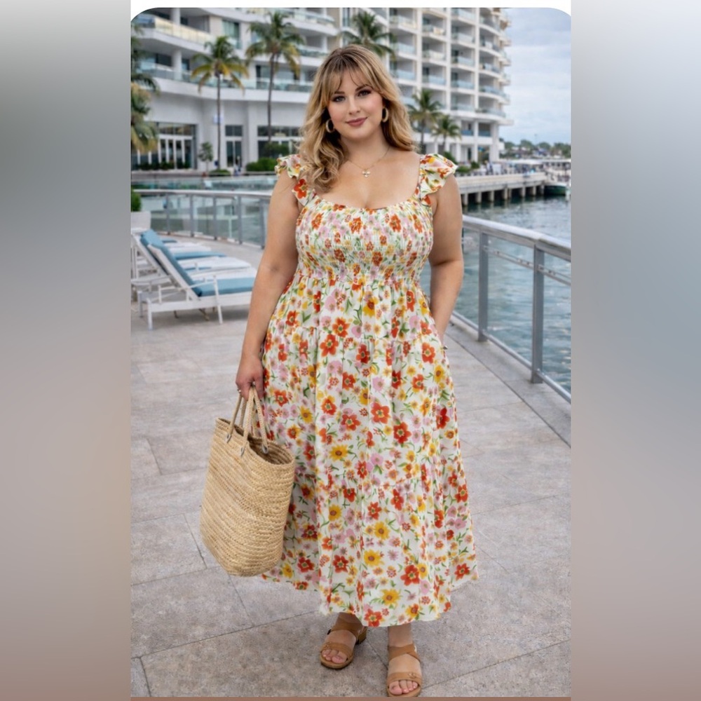Vibrant Floral Smocked Midi Dress size 2X RARE PIECE last one 🌸🌺🌹BC BAG 02